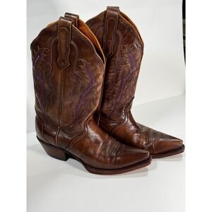 Vintage Nocona Brown‎ Leather Western Cowboy Boots Purple Embroidery Womens 6.5B